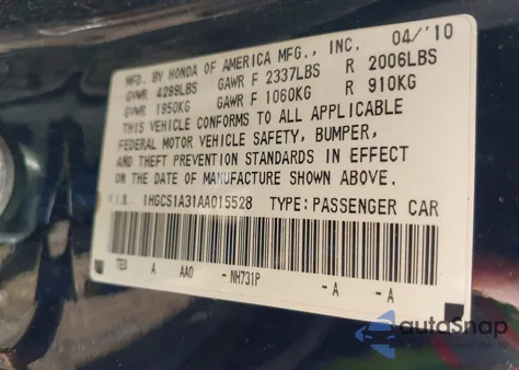 2010 Honda Accord 2.4 Lx-S z USA, uszkodzony, nr VIN 1HGCS1A31AA015528